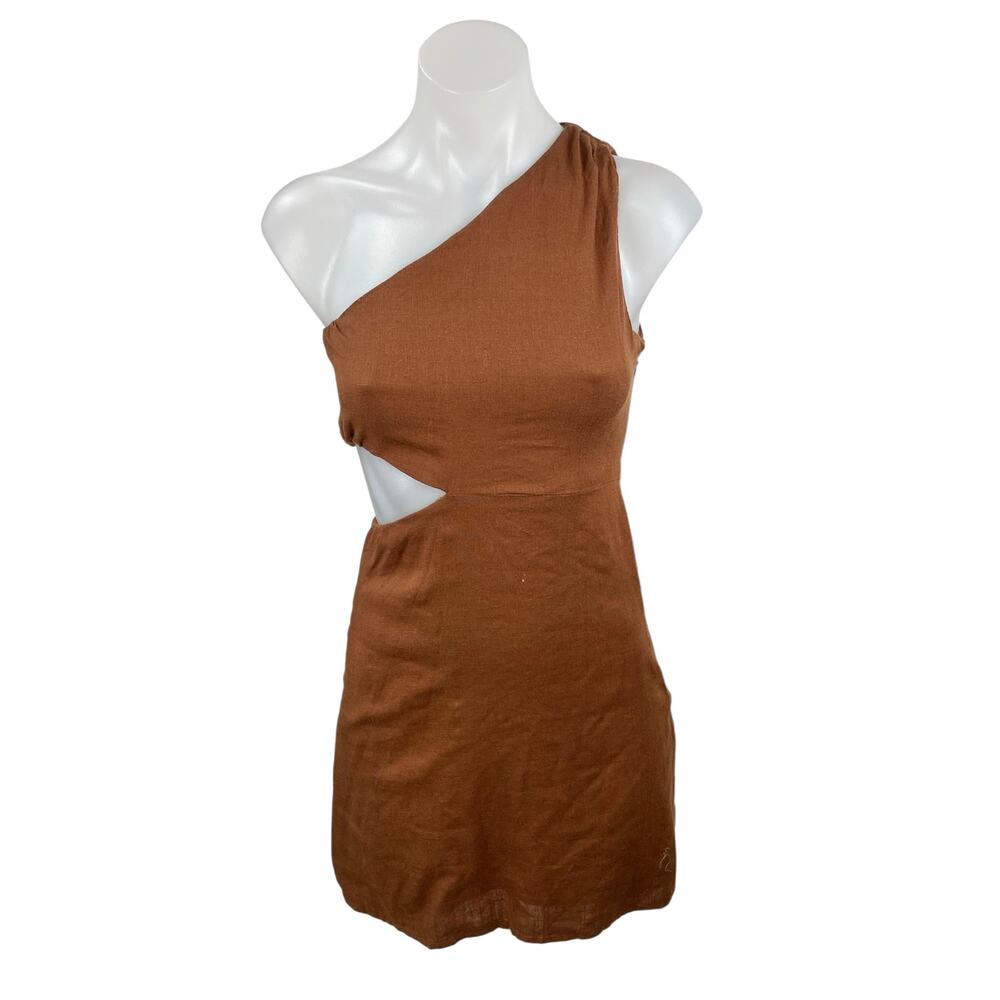 Billy J Brown Linen Cut Out One Shoulder Sleeveless Mini Tank Bodycon Dress Sz 6